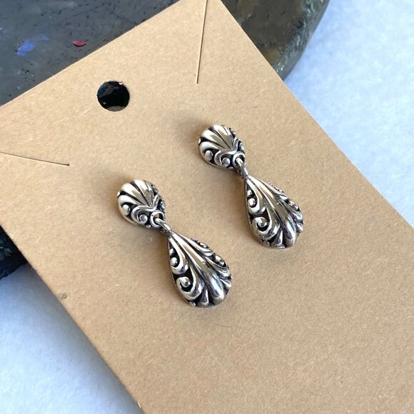 Sterling Silver 925 1" Scrollwork Dot Teardrop Pierced Dangle Drop Earrings - Picture 3 of 16